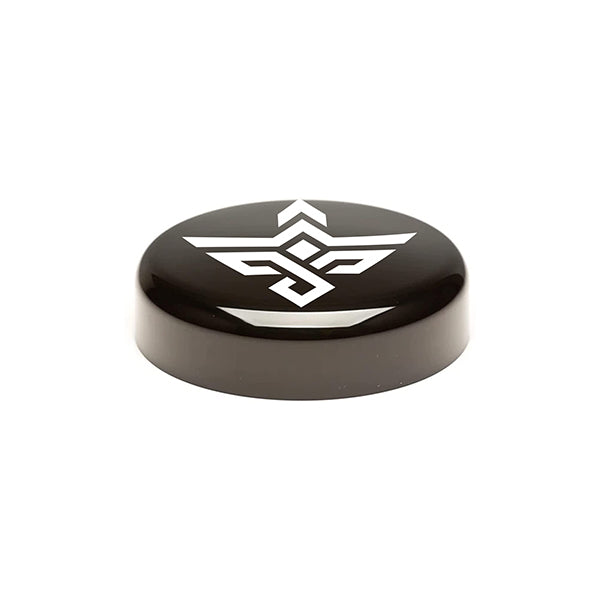 The Erozul 100ml Screw Top Wide Mouth Glass UV Jar by Erozul, shown on a white background, is black with a white geometric logo on the lid and features an airtight, smell-proof screw top.