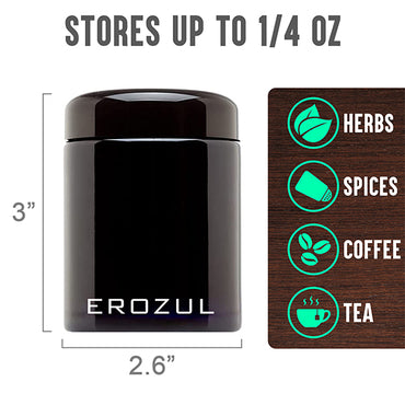 The Erozul 100ml Screw Top Wide Mouth Glass UV Jar by Erozul features an airtight lid and UV protection, keeping herbs, spices, coffee, or tea fresh and secure. Holds up to 1/4 oz; perfect for safe storage.