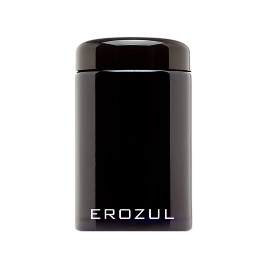 The Erozul 250ml Screw Top Wide Mouth Glass UV Jar is a black, glossy, cylindrical jar with “EROZUL” in white near the base and an airtight lid for a smell-proof seal.