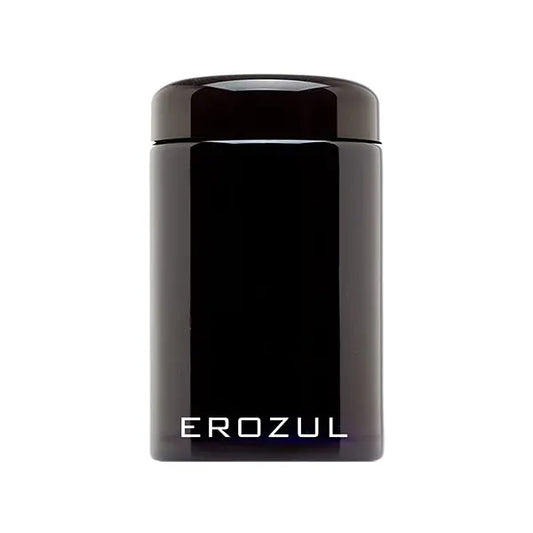 The Erozul 250ml Screw Top Wide Mouth Glass UV Jar is a black, glossy, cylindrical jar with “EROZUL” in white near the base and an airtight lid for a smell-proof seal.