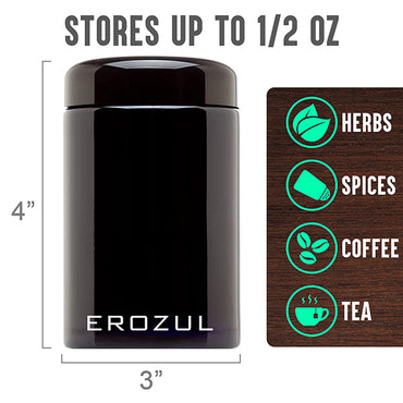 The Erozul 250ml Screw Top Wide Mouth Glass UV Jar is airtight, smell proof, and ideal for storing up to 1/2 oz of herbs, spices, coffee, or tea. Features labeled icons for versatile use. From Erozul.