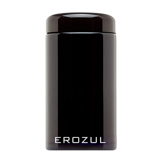 The Erozul 500ml Screw Top Wide Mouth Glass UV Jar is black, cylindrical, smell proof, air tight, with EROZUL in white at the bottom.