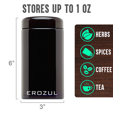 The Erozul 500ml Screw Top Wide Mouth Glass UV Jar by Erozul is black, features an airtight screw lid for smell-proof storage, and holds up to 1 oz of herbs, spices, coffee, or tea.