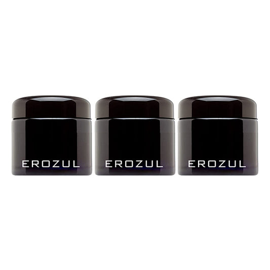 Three Erozul 60ml Screw Top Wide Mouth Glass UV Jars (3 Pack) are arranged in a row, featuring airtight lids and a black finish, displayed on a white background.