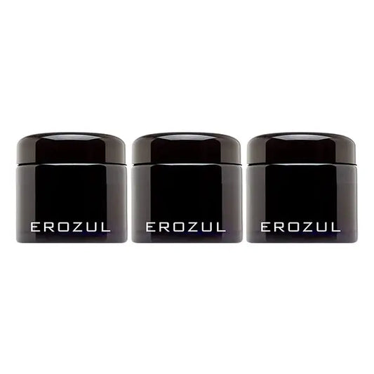 Three Erozul 60ml Screw Top Wide Mouth Glass UV Jars (3 Pack) are arranged in a row, featuring airtight lids and a black finish, displayed on a white background.