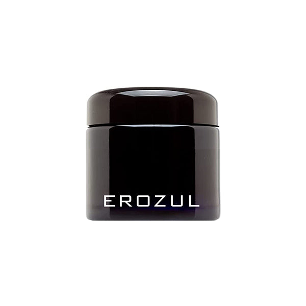 The Erozul 60ml Screw Top Wide Mouth Glass UV Jar 3 Pack features glossy black jars with airtight lids, EROZUL branding on the front, and is photographed against a white background.