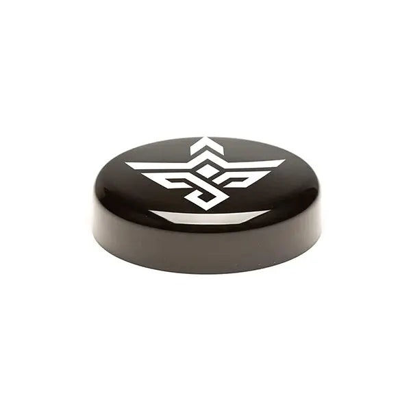 The Erozul 60ml Screw Top Wide Mouth Glass UV Jar - 3 Pack features airtight, smell-proof lids, securely storing contents—just like a black hockey puck with a white geometric logo set against a plain white background.