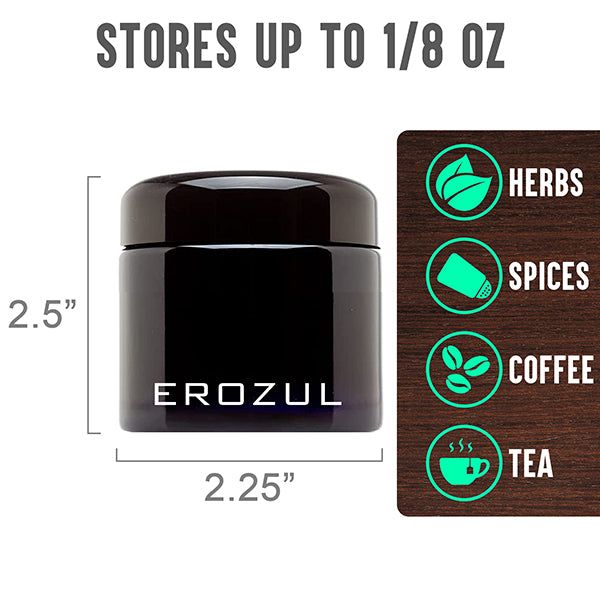 The Erozul 60ml Screw Top Wide Mouth Glass UV Jar 3 Pack features airtight, smell-proof black jars labeled EROZUL with icons for herbs, spices, coffee, and tea; each jar measures 2.5 high by 2.25 wide and stores up to 1/8 oz.
