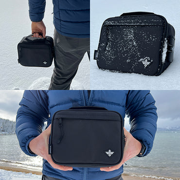 A person in a blue jacket holds the Erozul Exodus v2 Smell Proof Case With Combination Lock, featuring the Erozul logo. The bag is shown from various angles, including a snowy close-up. Its activated carbon lining ensures superior odor protection.