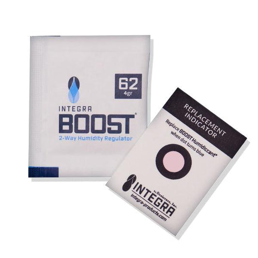 An Integra Boost 2-Way Humidity Control 4 Gram - 62% RH packet from Integra Boost is placed beside a Replacement Indicator Card featuring a circular window for accurate humidity monitoring.