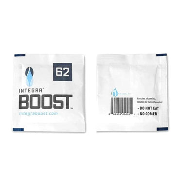 Two Integra Boost 2-Way Humidity Control 4 Gram - 62% RH packets, front with branding and back showing usage instructions, a do not eat warning, and info about Replacement Indicator Cards for monitoring effectiveness.