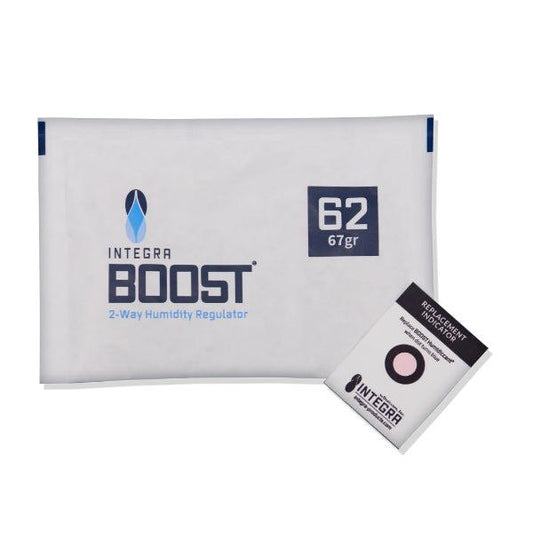 An Integra Boost 2-Way Humidity Control 67 Gram - 62% RH pack by Integra Boost sits next to a Replacement Indicator Card, offering a salt-free solution for easy freshness.