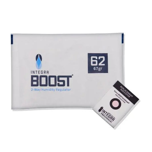 An Integra Boost 2-Way Humidity Control 67 Gram - 62% RH pack by Integra Boost sits next to a Replacement Indicator Card, offering a salt-free solution for easy freshness.