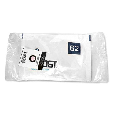A sealed white Integra Boost 2-Way Humidity Control 67 Gram - 62% RH pack, ideal as a salt-free solution for humidity control, lies on a white background with a small tag attached.