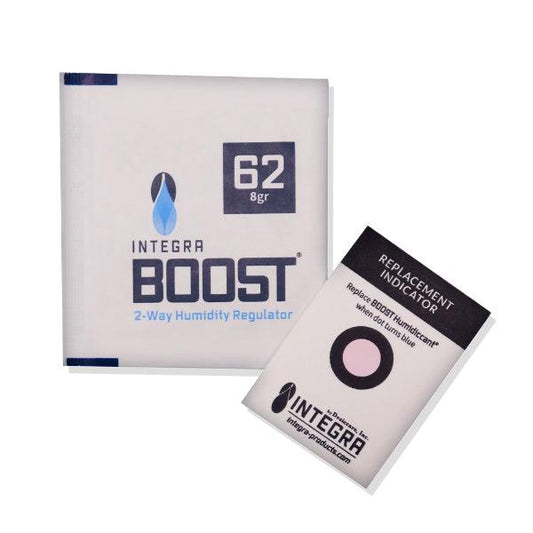 An Integra Boost 2-Way Humidity Control 8 Gram - 62% RH pack by Integra Boost is displayed beside a replacement indicator card featuring a pink circle.