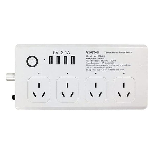 A white Vivitar Smart Home Power Strip, a multi plug with 4 power outlets, 4 USB ports, and a coaxial port, is labeled with specifications and instructions.