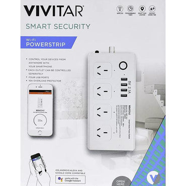 The Vivitar Smart Home Power Strip, Multi Plug with 4 USB Ports, is shown in its box. It features four outlets, USB ports, and app-based smart control via smartphone for wireless remote management.