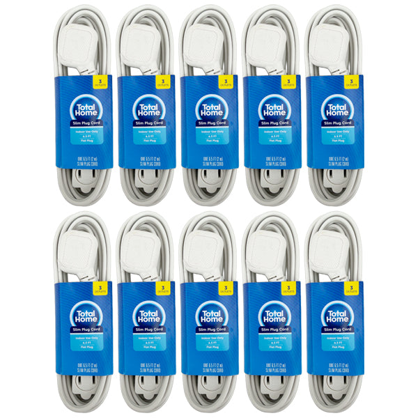 10 Pack - Total Home Slim Plug 6.5ft Three Outlet Extension Cord Total Home