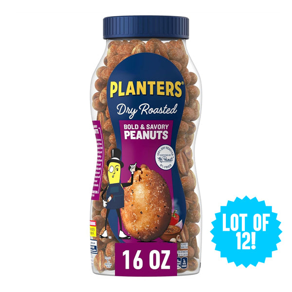 12 Pack - PLANTERS Dry Roasted Bold & Savory Peanuts 16 Oz Jars