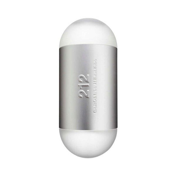 Carolina Herrera 212 NYC Eau De Toilette For Women 3.4oz features a silver and white capsule bottle embossed with 212 and Carolina Herrera, reflecting the elegant floral scent of this iconic fragrance.