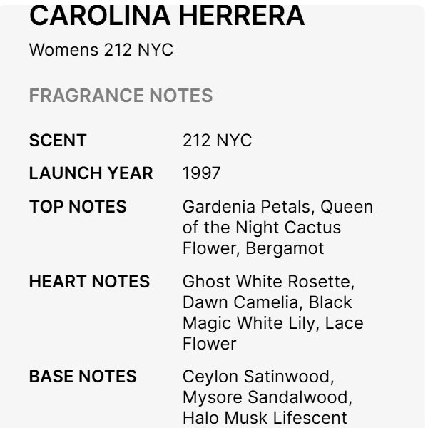 A fragrance note chart for Carolina Herrera 212 NYC Eau De Toilette For Women 3.4oz, featuring its scent, launch year, and detailed top, heart, and base notes.