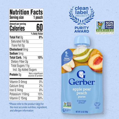 24 Pack - Gerber Stage 2 Baby Food, Apple Pear Peach Puree Pouch 3.5oz