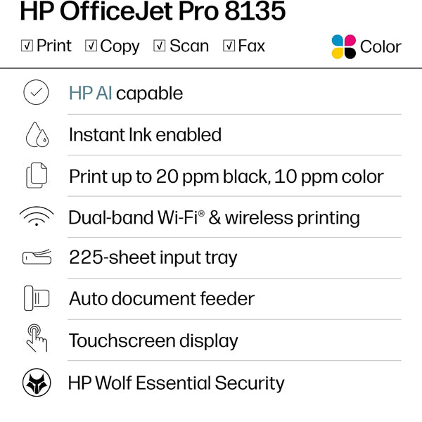 HP OfficeJet Pro 8135 Wireless All-in-One Color Inkjet Printer, Print, Scan, Copy, Fax C2VK1A HP