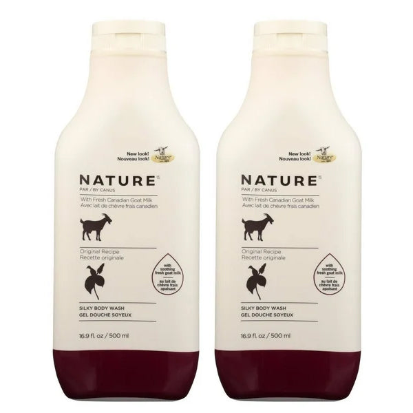 Two bottles of Canus Nature By Canus Moisturizing Body Wash with Goat Milk, 16.9oz each, are shown side by side against a white background. This 2 pack offers nourishing goat milk skincare and natural moisturizing benefits.