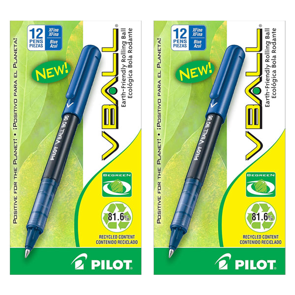 2 Pack - Pilot BeGreen VBall Rolling Ball Pens Extra Fine Point Blue Ink 12 Count