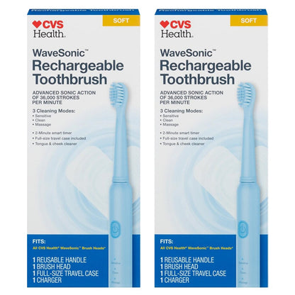 Two boxes of CVS Health WaveSonic Rechargeable Toothbrush Soft Blue, each with a reusable handle, soft head, travel case, charger, 3 cleaning modes, and 36,000 strokes/min. Brand: CVS.