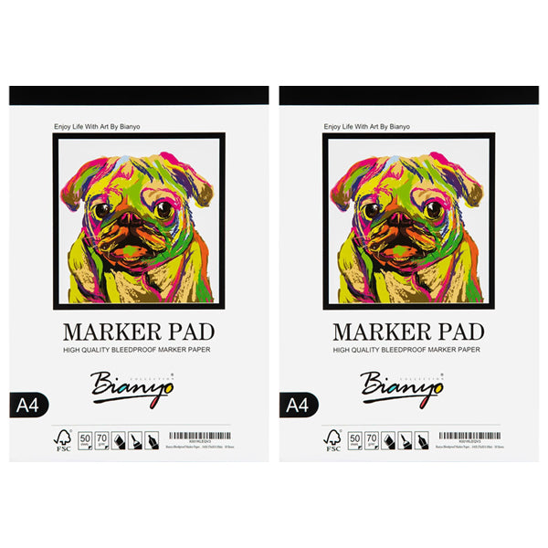 2 Pack - Bianyo Bleedproof Marker Paper Pad A4 (8.27"X11.69") 50 Sheets 18 LB / 70 GSM