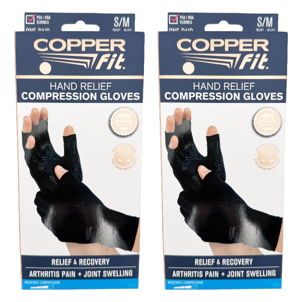 2 Pairs - Copper Fit Unisex Hand Relief Compression Gloves Small/Medium Size Copper Fit