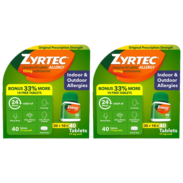 2 Pack - Zyrtec 24 Hour Allergy Relief Tablets, 40 Count Bonus Pack Zyrtec