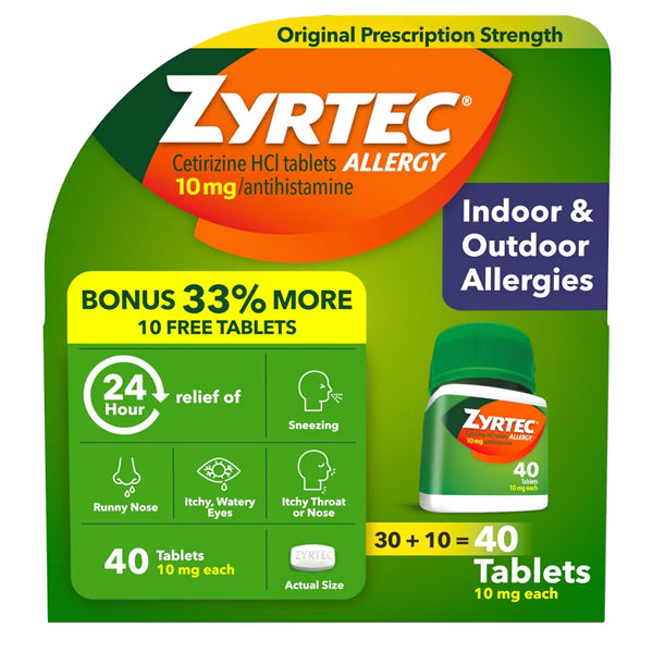 2 Pack - Zyrtec 24 Hour Allergy Relief Tablets, 40 Count Bonus Pack Zyrtec