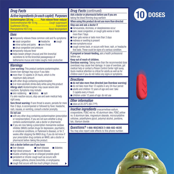 A medication label for 2 Pack - Mucinex Fast-Max Max Strength Cold and Flu Medicine 20 Count shows active ingredients, warnings, directions, and other drug facts on a blue background with a red caplet and a green animated character at the bottom right.