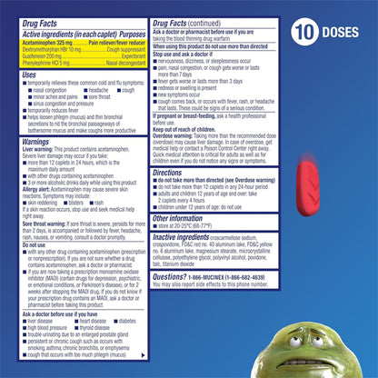 A medication label for 2 Pack - Mucinex Fast-Max Max Strength Cold and Flu Medicine 20 Count shows active ingredients, warnings, directions, and other drug facts on a blue background with a red caplet and a green animated character at the bottom right.