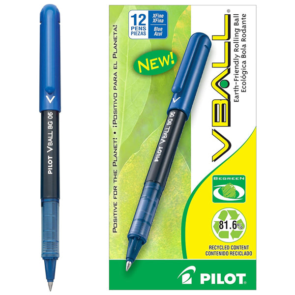 2 Pack - Pilot BeGreen VBall Rolling Ball Pens Extra Fine Point Blue Ink 12 Count