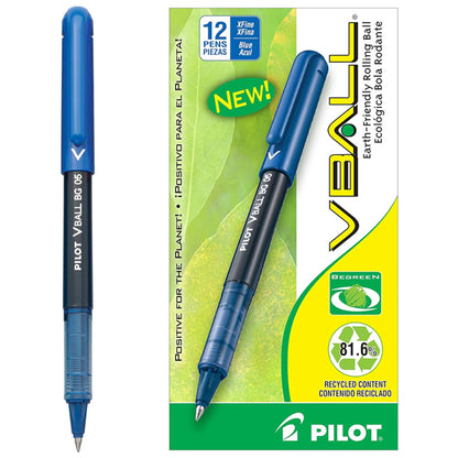 2 Pack - Pilot BeGreen VBall Rolling Ball Pens Extra Fine Point Blue Ink 12 Count