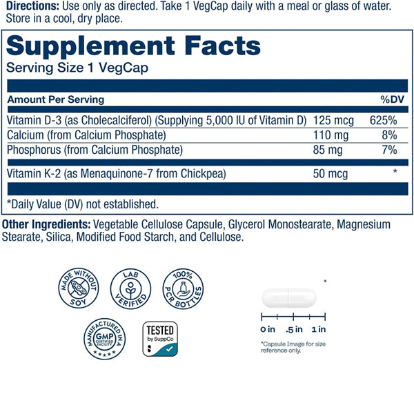 2 Pack - Solaray Vitamin D3 K2 Vitamin Supplement 60 VegCaps