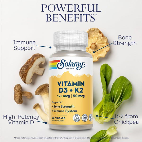 2 Pack - Solaray Vitamin D3 K2 Vitamin Supplement 60 VegCaps