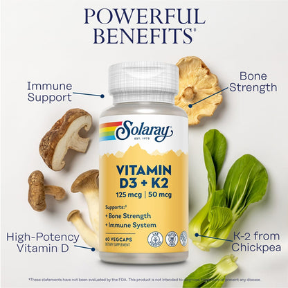 2 Pack - Solaray Vitamin D3 K2 Vitamin Supplement 60 VegCaps
