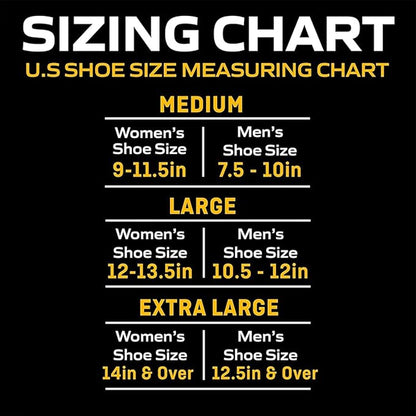 A sizing chart lists men’s medium, large, and extra large U.S. shoe sizes with foot lengths in inches to help choose Futura’s 2 Pack - FUTURO Lifestyle Black Compression Dress Socks For Men Firm Large.