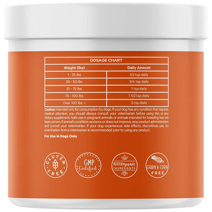 The orange label on DNA Pet’s 2 Pack - Happy Immunity USDA Certified Organic Mushroom Complex for Dogs 3.5oz shows a dog weight dosage chart, cautions, and gluten-free, GMP certified, organic mushroom, and grain & corn free certification icons.