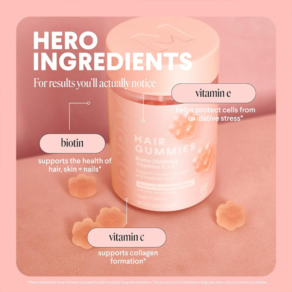 2 Pack - MONDAY HAIRCARE Hair Gummies with 2500 mcg Biotin Strawberry 60 Count