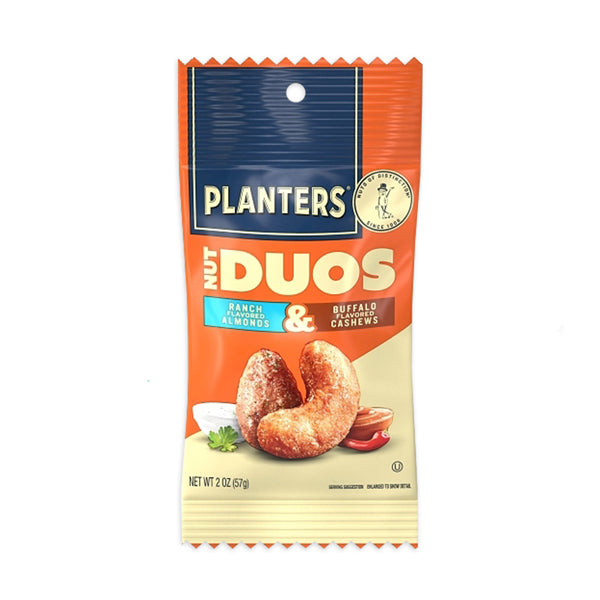 A 2oz bag from Planters Nut Duos Buffalo Cashews & Ranch Almonds 30-pack features ranch almonds and buffalo cashews with images of each nut on the orange and blue packaging.