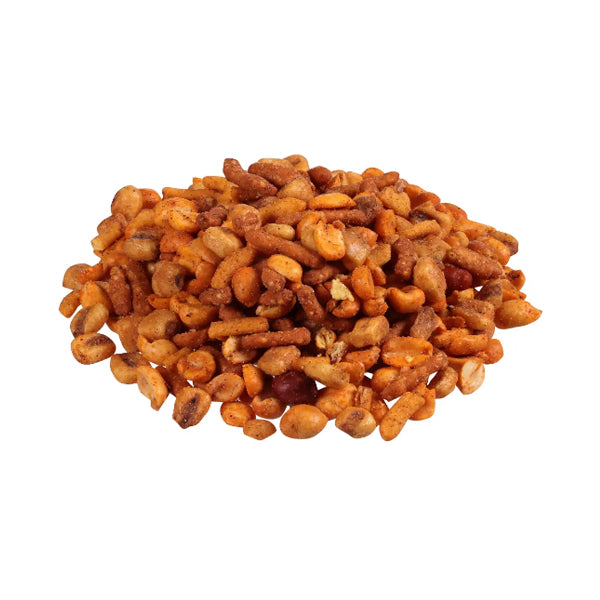A pile of Planters Spicy Nuts & Cajun Sticks Trail Mix from the 30 Pack—ideal for Cajun snack lovers—displayed on a white background.