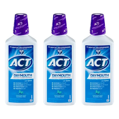 3 Pack - ACT Dry Mouth Fluoride Mouthwash Alcohol Free Soothing Mint 18oz