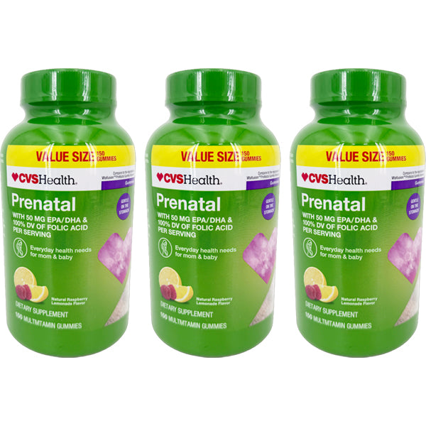 3 Pack - CVS Health Prenatal Multivitamin Gummies Raspberry Lemonade 150 Count CVS