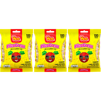 3 Pack - Vero Picafresa Strawberry Chili Powder Covered Gummies 100 Count
