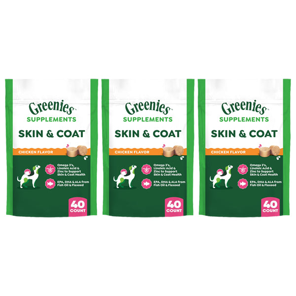 3 Pack - Greenies Dog Skin and Coat Supplements Chicken Flavor 40 Count Each Greenies